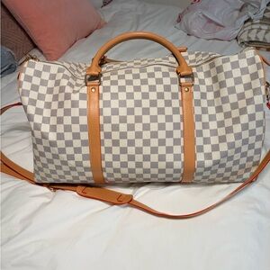 Cream and Gray Checkered Travel Duffel with Tan Leather Trim